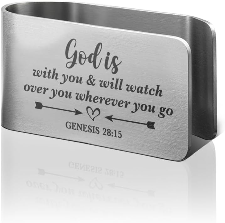 PUVOXHO God is with You and Will Watch Over You Wherever You Go Engraved Stainless Steel Car Visor Clip, Genesis 28:15, Funny Religious Gifts for Women Men Family Friend, New Driver Gifts - Image 1